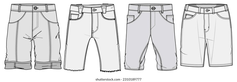 Men's Denim Shorts Set Vector, Fashion Illustration, CAD, Technical Drawing, Flat Drawing, Template, Mockup.	