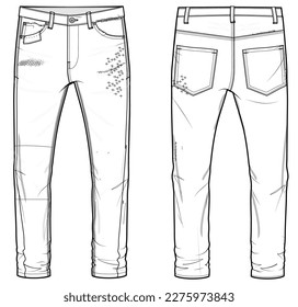 Men's denim slim fit jeans trouser pants front and back view flat sketch fashion illustration, five pockets denim pants vector template