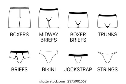 Mens different type white underwear pants, contour vector icons isolated on white background.