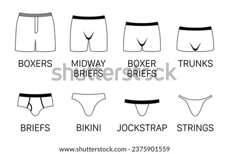 Mens different type white underwear pants, contour vector icons isolated on white background.