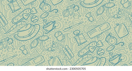 Men's Doodle Seamless Vector Pattern with Various Accessories and Items. This pattern is great for use in designing men's accessories, stationery, shirts, t-shirts or any other products.