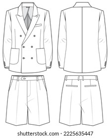 Männerdoppelkernoch-Lapel-Blazer Jacket-Vollanzug mit formaler Shorts Hots-Flachsketch-Modegrafik, technische Zeichnung mit Vorder- und Rückansicht 