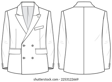 Escaparate Blazer Chaqueta doble acanaladura de pecho masculino diseño dibujo plano ilustración de moda dibujo técnico con vista frontal y posterior 