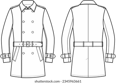 Men's double breasted trench coat  Front   back  Fashion CAD  Vector illustration 