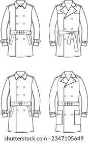 Men's double breasted trench coat  Set  Fashion CAD  Vector illustration 