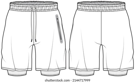 men's double layer shorts technical drawing vector illustration