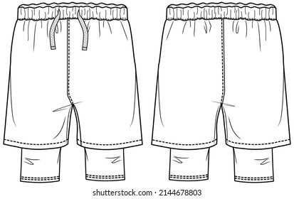 mens double layered running shorts with elasticated drawstring waistband front and back view flat sketch vector illustration. CAD mockup.