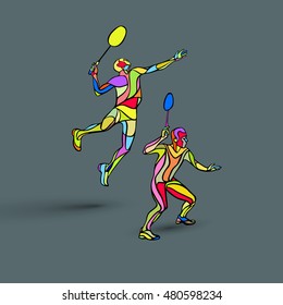 Mens doubles badminton players. Color vector illustration