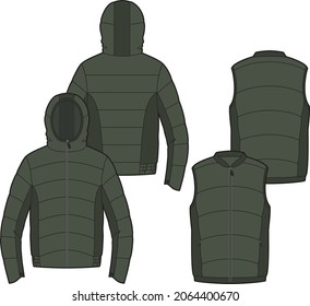 Men's  Down  Rib Jacket And Vest Flat Template.