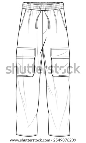 mens drawstring elastic waist straight leg cargo pant flat sketch vector illustration technical cad drawing template