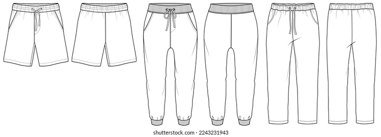 mens drawstring waist short pant and jogger bottom flat technical cad drawing template