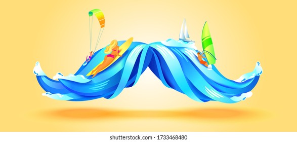 Men's dreams of vacation. People go in for sports: surfing, windsurfing and kite surfing on the waves. A yacht floats in the distance. Two waves in the form of a mustache. Vector illustration.