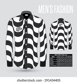 Men's dress shirt with Copacabana beach pattern - front and back with size chart - vector illustration