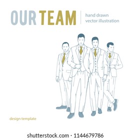 Mens dressed in business style. People in formal corporate suits and ties in different poses.
Business mans team hand drawn vector illustrations set. Employees of the company.