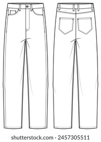 Men's drop crotch taper jeans trouser pants front and back view flat sketch fashion illustration, five pockets baggy loose fit denim jeans vector template