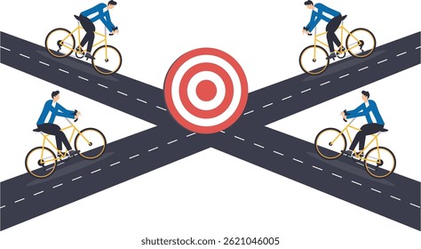 mens each go their own way to the goal with an arrow, the road to business success