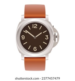 Men's elegance and stylish sport watch with crown guard and brown leather strap. Editable EPS 10 vector graphic illustration isolated on white background.