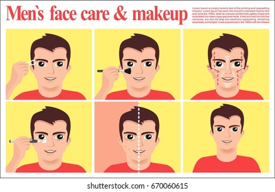 Men`s face care & makeup poster or banner vector flat design illustration with man in cotton t-shirt care himself