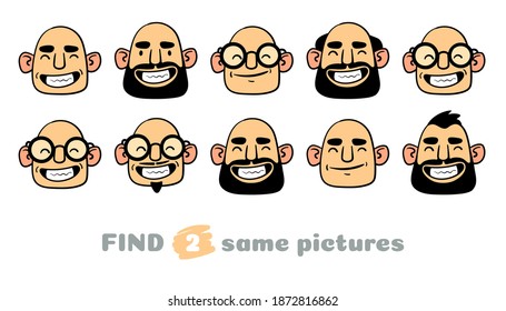 Men's Faces. Find Two Same Pictures. Educational Game For Children. Cartoon Vector Illustration.