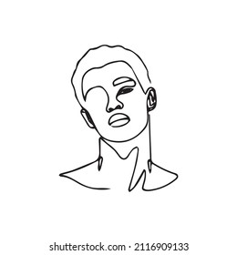 Men's faces in one line art style with flowers and leaves.Continuous line art in minimalistic style for prints, tattoos, posters, textile etc. Beautiful male fashion face Vector illustration