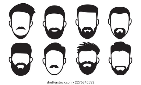 Mens faces, set. Haircuts, beards, mustaches set. Icons. Vector