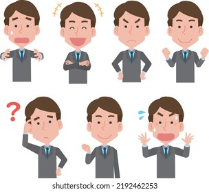 Men's facial expression pose illustration set in a suit