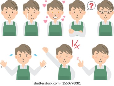 Men's facial expression set in a young apron