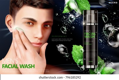 Men's Facial Wash Ads, Peppermint Face Wash With Bubbles And Leaves Elements, Handsome Man Model In 3d Illustration