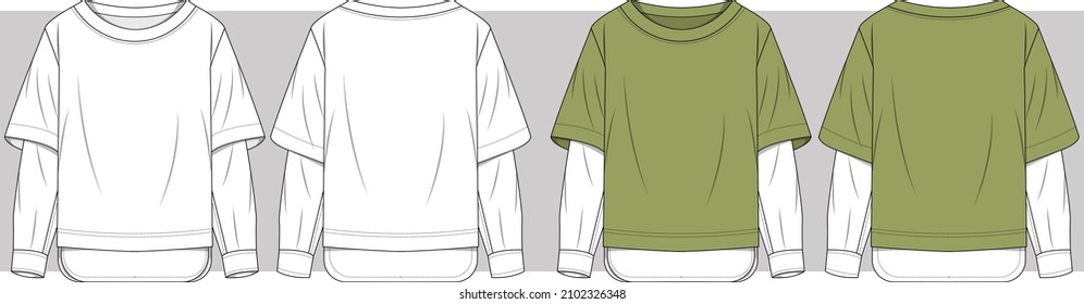 Men's fashion cut and sew t shirt flat sketch