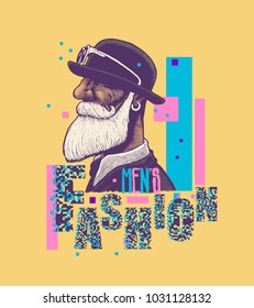 Men`s Fashion. Design Poster or T-Shirt Print With Man With A Mustache And Beard In A Bowler Hat And Hand Drawing Font. vector illustration