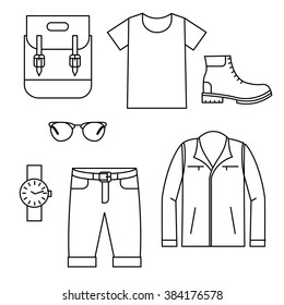 Men's Fashion icons set. Vector men clothes in minimal linear style. Travel clothing accessories isolated on white background.