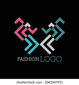 Mens fashion logo. The abstract flat logo of 2 people dancing made of arrows or 90 angled thick lines, with ‘Fashion Logo’ text below. EPS8.