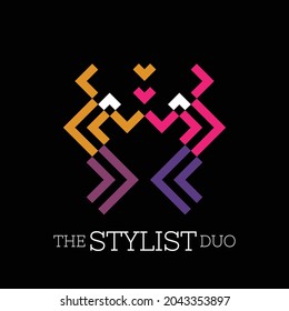 Mens fashion logo. The abstract flat logo of 2 people dancing hand in hand, made of arrows or 90 angled thick lines, with ‘The Stylist Duo’ text below. EPS8.