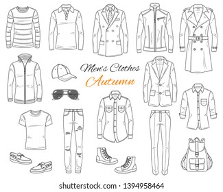 Men's Fashion set, clothes and accessories, autumn outfit: coats, leather jacket, jeans pants, shirts, sunglasses, backpack and baseball cap, vector sketch illustration, isolated on white background.