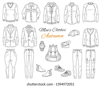 Men's Fashion set, clothes and accessories, autumn outfit:  jeans pants, shirt, suits, jackets, hoodie, backpack and  wrist watch, vector sketch illustration, isolated on white.