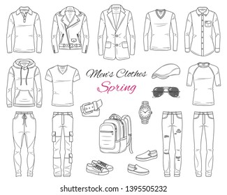 Men's Fashion set, clothes and accessories, spring outfit: coats, jackets, jeans pants, shirts, sportswear, sunglasses and backpack, vector sketch illustration, isolated on white background.