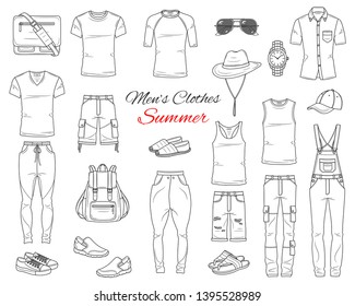 Men's Fashion set, clothes and accessories, summer outfit: t shirts, jeans pants, shirts, shorts, sportswear, sunglasses and backpack, vector sketch illustration, isolated on white background.