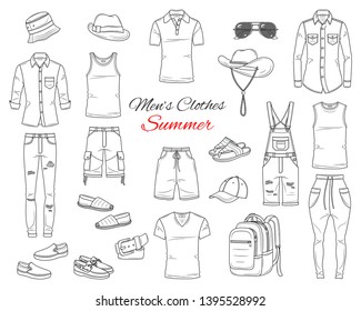 Men's Fashion set, clothes and accessories, summer outfit:  t shirts, jeans pants, shirts, shorts, sportswear, sunglasses and backpack, vector sketch illustration, isolated on white background.