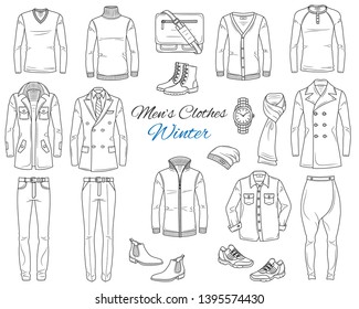 Men's Fashion set, clothes and accessories, winter outfit: coats, jackets,  pants, shirts, suits, sweaters, shoes, hats and backpack, vector sketch illustration, isolated on white.