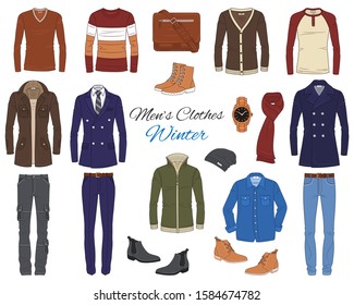 Men's Fashion set, clothes and accessories, winter outfit: coats, jackets, pants, shirts, suits, sweaters, shoes, hats and backpack, vector  illustration, isolated on white.