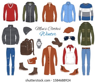 Men's Fashion set, clothes and accessories, winter outfit: coats, jackets, pants, shirts, suits, sweaters, shoes, hats and backpack, vector  illustration, isolated on white.