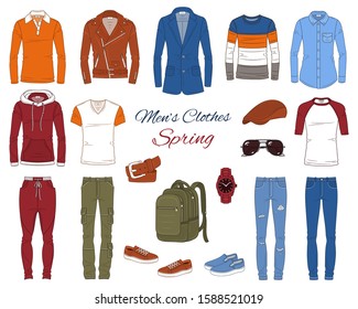 Men's Fashion set, clothes and accessories, spring outfit: coats, jackets, jeans pants, shirts, sportswear, sunglasses and backpack, vector  illustration, isolated on white background.