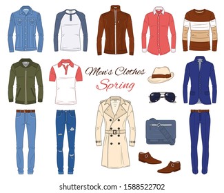 Men's Fashion set, clothes and accessories, spring outfit: coats, leather jacket, jeans pants, shirts, sunglasses, backpack and panama hat, vector  illustration, isolated on white background.