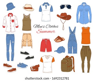 Men's Fashion set, clothes and accessories, summer outfit:  t shirts, jeans pants, shirts, shorts, sportswear, sunglasses and backpack, vector illustration, isolated on white background.