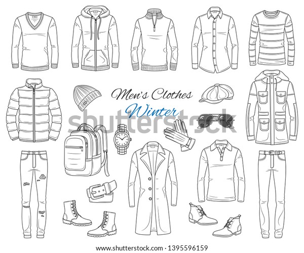 男子ファッションセット 服とアクセサリー 冬の服 白い背景にコート ジャケット パンツ シャツ スーツ セーター 靴 帽子 バックパック ベクタースケッチイラスト のベクター画像素材 ロイヤリティフリー