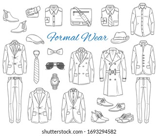 Men's Fashion set, formal wear, clothes and accessories, : coats, jackets,  pants, shirts, suits, shoes, hats and bag, vector sketch illustration, isolated on white.