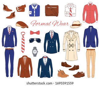 Men's Fashion set, formal wear, clothes and accessories, : coats, jackets, tuxedo,  pants, shirts, suits, shoes, hats and bag, vector  illustration, isolated on white.
