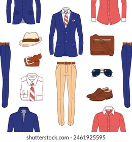 Conjunto de moda de los hombres, ropa formal, ropa y accesorios, Vector sin patrón de fondo 