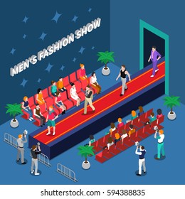 Mens fashion show with models on red walkway spectators and media with cameras isometric vector illustration