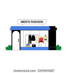 Mens Fashion Store Exterior With Clothing Display In Flat Vector Illustration Symbolizing Modern Retail Shop, Isolated On White Background